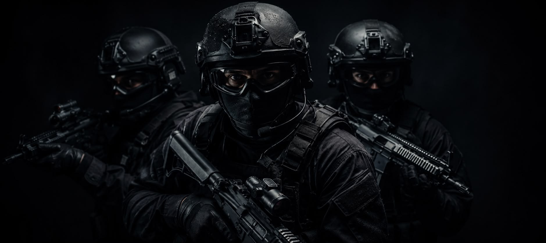 DarkZone Eventformate — drei Operator in voller taktischer Ausrüstung mit Helmen und Waffen in der Dunkelheit